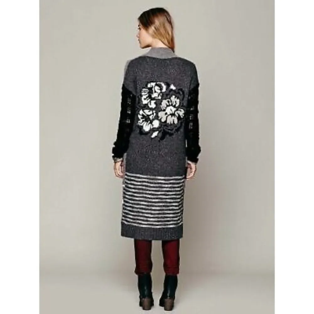 Free People Black Gray Striped Floral Knit Long Cardigan S | Boho Grunge Fairy - Picture 6 of 16